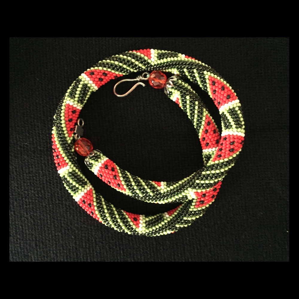 Watermelon beaded crochet rope necklace